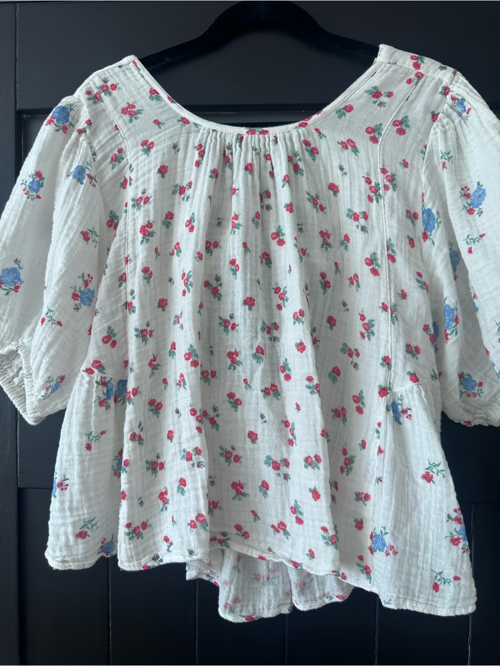 Free People Cream Peasant Top with Red and Blue Floral Print